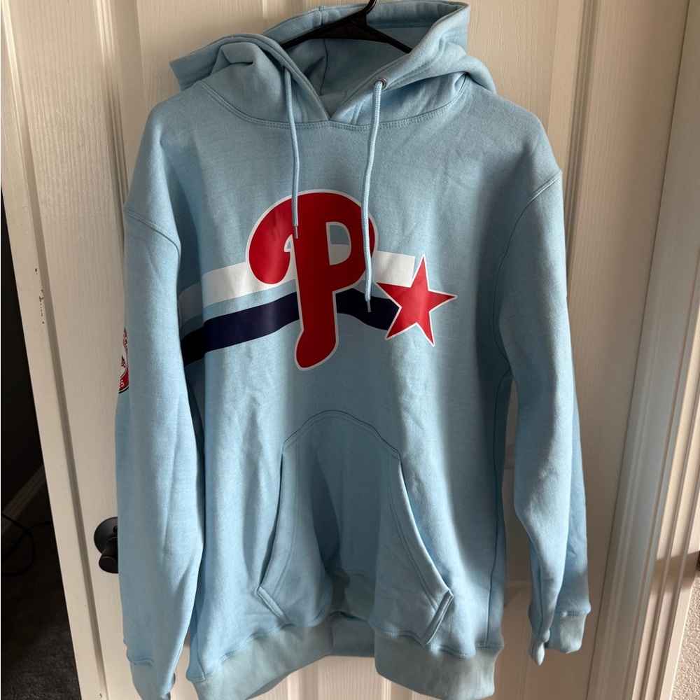 Sky Blue Hoodie with Red Logo